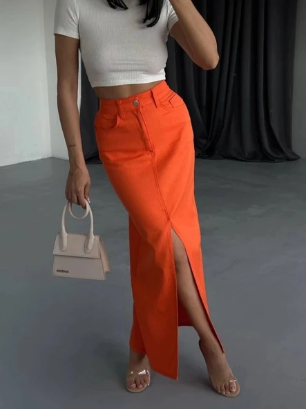 GABARDİN UZUN ÖNDEN YIRTAÇI ETEK  Turuncu - Resim 3