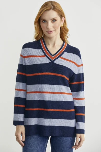 Çizgili V Yaka Triko Kazak - Lacivert ürün görseli 1