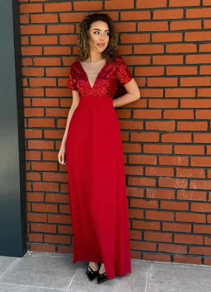 Kadın Kısa Kollu Derin V Yakalı A Kesim Pulpayet Detaylı şifon Nedime Elbisesi - Resim 3