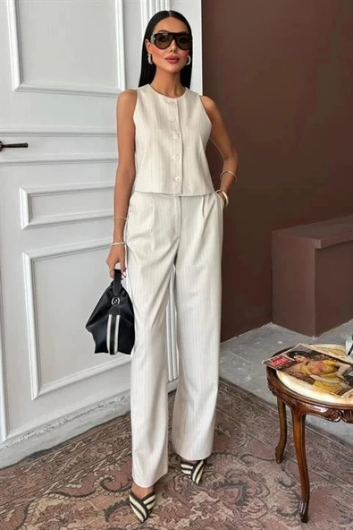 Yelek Plazzo Pantolon Çizgili Flamlı Poliviscon Takım 10178 ürün görseli