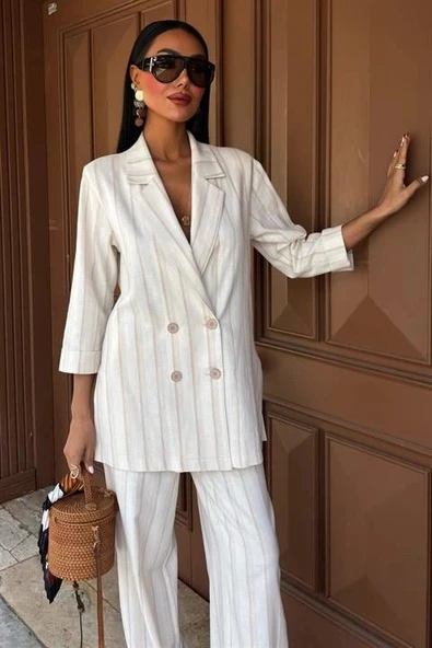 Blazer Ceketli Çizgili Keten Takım 10186 - Resim 2