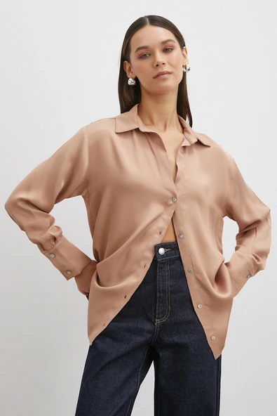 Viskon Saten Gömlek Somon - Resim 2