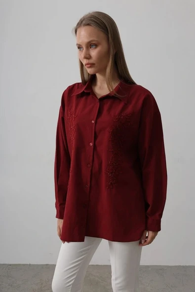 Boncuk Nakış Detaylı Uzun Gömlek  Bordo - Resim 2