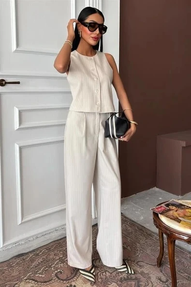 Yelek Plazzo Pantolon Çizgili Flamlı Poliviscon Takım 10178 - Resim 2