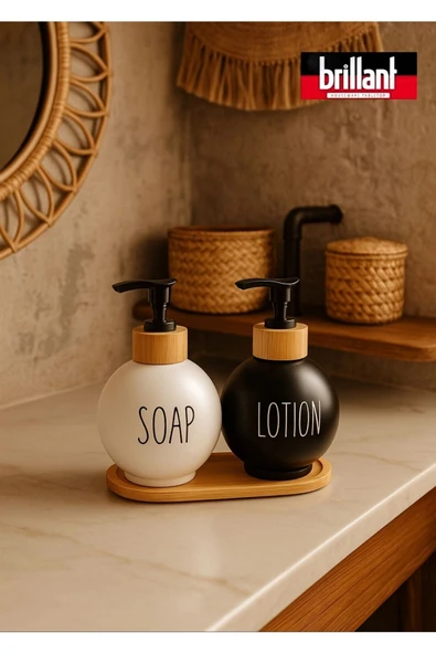 Lüks Tasarım Bambu Standlı 2'li Banyo Sabunluk Seti - Siyah & Beyaz - Resim 4