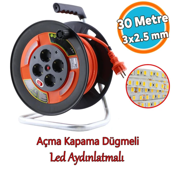 Plastik Seyyar Makaralı CCA Kablo 4 Prizli Monofaze Uzatma Kablosu 3x2.5 mm TTR Kablo 30 Metre ürün görseli