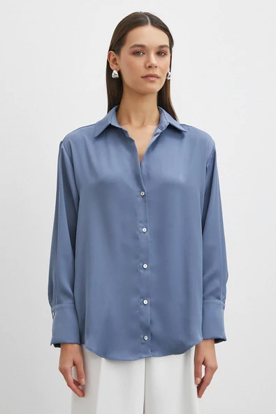 Basic Saten Gömlek İndigo - Resim 4