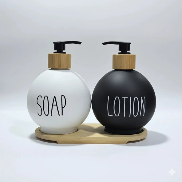 Lüks Tasarım Bambu Standlı 2'li Banyo Sabunluk Seti - Siyah & Beyaz ürün görseli