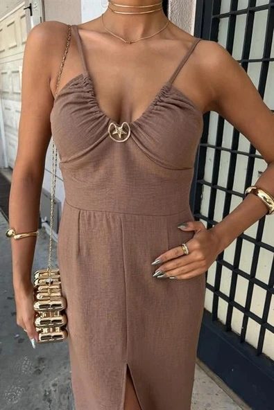 Göğsü Aksesuarlı Önü Yırtmaçlı Elbise 2899 - Resim 5