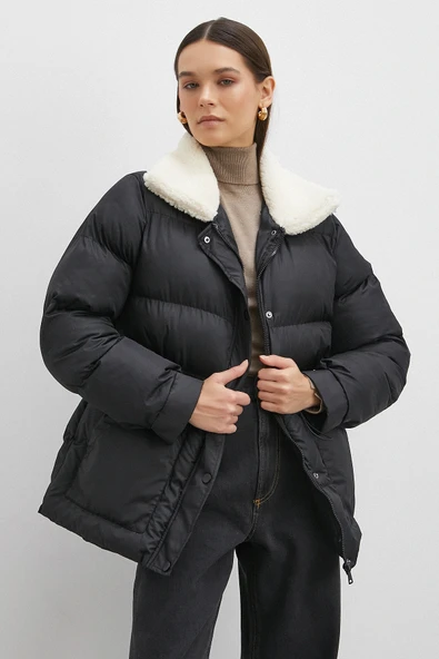 Kürk Yakalı Şişme Mont Siyah - Resim 3