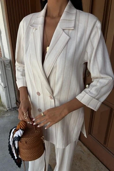 Blazer Ceketli Çizgili Keten Takım 10186 - Resim 7