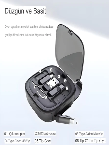 60W 3A 6in1 Çok İşlevli Seyahat Şarj Seti 0.8M Kablo Çevirici Kit, Hızlı Şarj Çoklayıcı Set - Resim 4