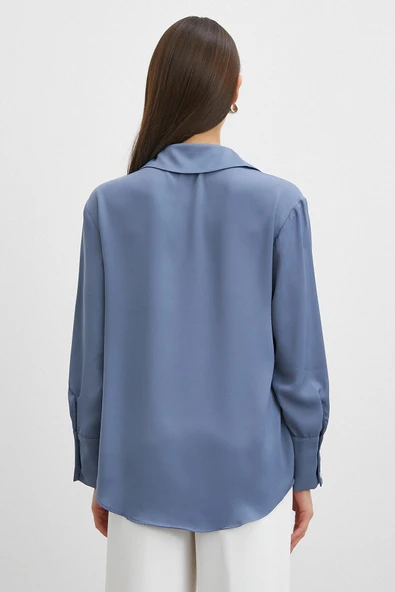 Basic Saten Gömlek İndigo - Resim 6