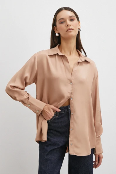 Viskon Saten Gömlek Somon - Resim 3