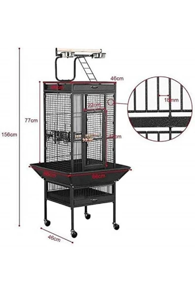 Dayang A10 Siyah Ayaklı Papağan Kafesi Siyah 45.7x45.7x156 cm - Resim 3