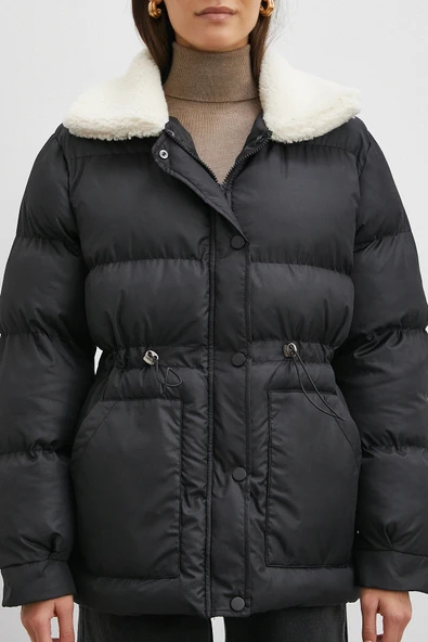 Kürk Yakalı Şişme Mont Siyah - Resim 5