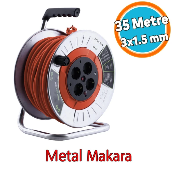 Metal Seyyar Makaralı CCA Kablo 4 Prizli Monofaze Uzatma Kablosu 3x1.5 mm TTR Kablo 35 Metre ürün görseli 1