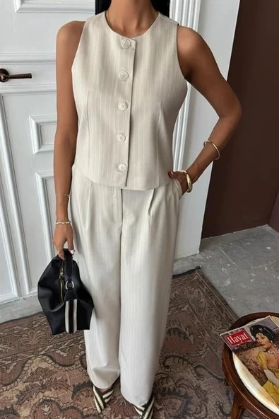 Yelek Plazzo Pantolon Çizgili Flamlı Poliviscon Takım 10178 - Resim 5