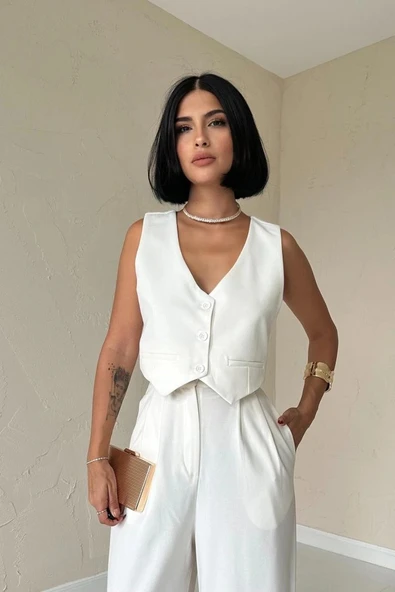 Ekru Klas Ceket Ve Yelek Ve Pantolon Takım - Resim 3