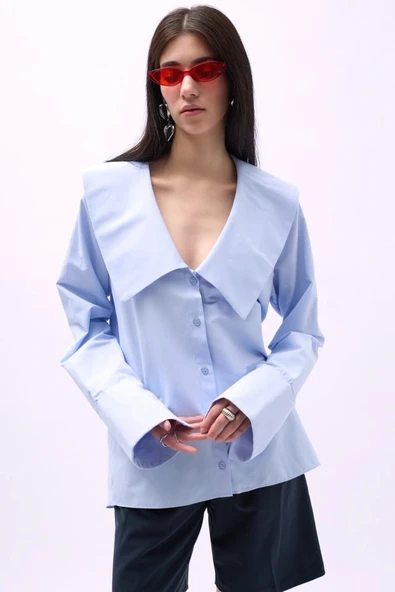 Geniş Yaka Volan Kol Gömlek - Resim 3