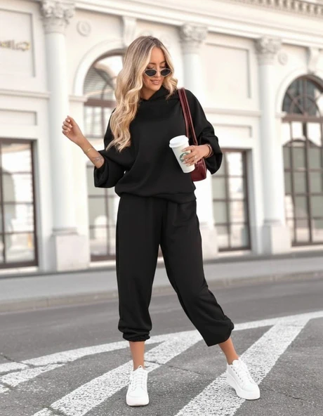 Kadın Uzun Kollu Kapşonlu Viskon Iki Iplik Bluz Ve Pantolon Ikili Takım - Resim 3