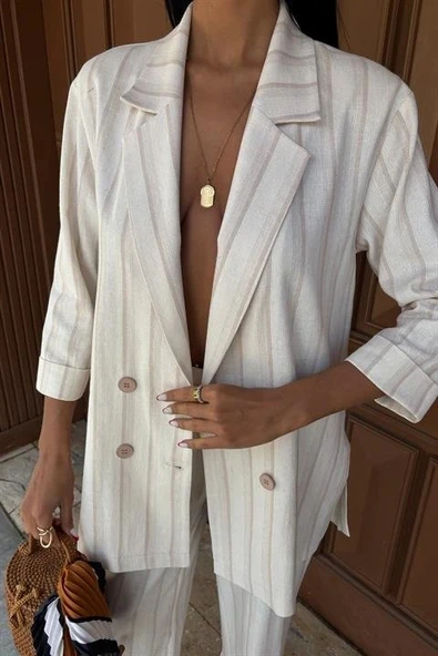 Blazer Ceketli Çizgili Keten Takım 10186 - Resim 8