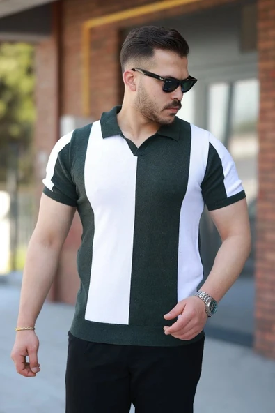 Erkek Kısa Kollu Polo Yakalı Blok Desenli Triko Tişört ürün görseli