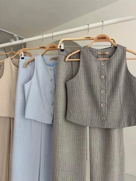 Yelek Plazzo Pantolon Çizgili Flamlı Poliviscon Takım 10178 - Resim 8