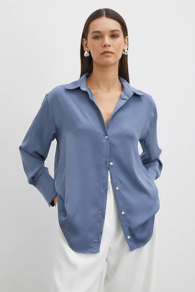 Basic Saten Gömlek İndigo ürün görseli