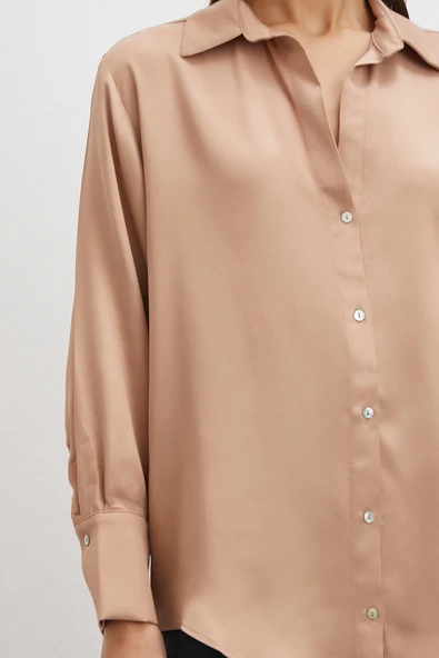 Viskon Saten Gömlek Somon - Resim 5