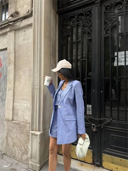 ÇİZGİİ KETEN CEKET YEEK ŞORT TK  Mavi - Resim 2