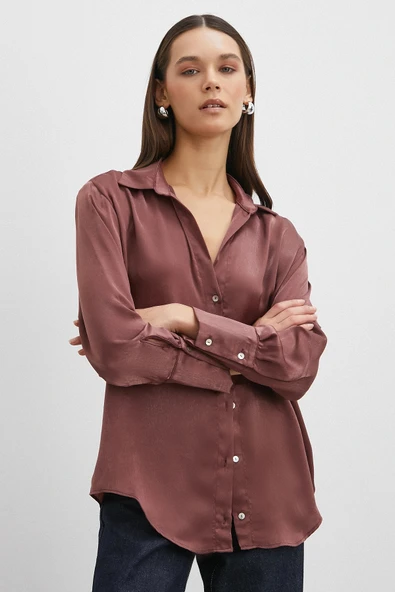 Chanel Saten Gömlek Mürdüm - Resim 2