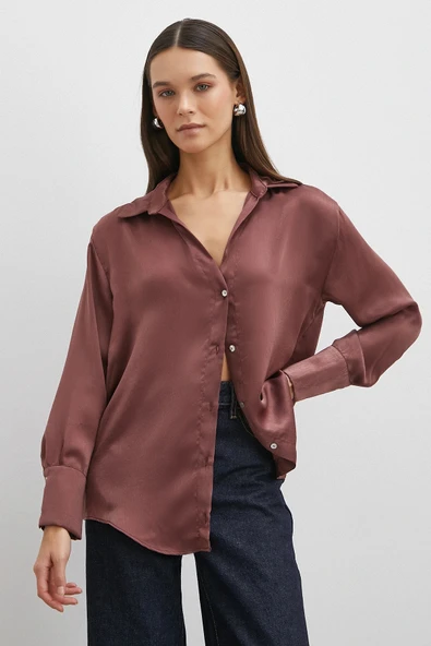 Chanel Saten Gömlek Mürdüm - Resim 4