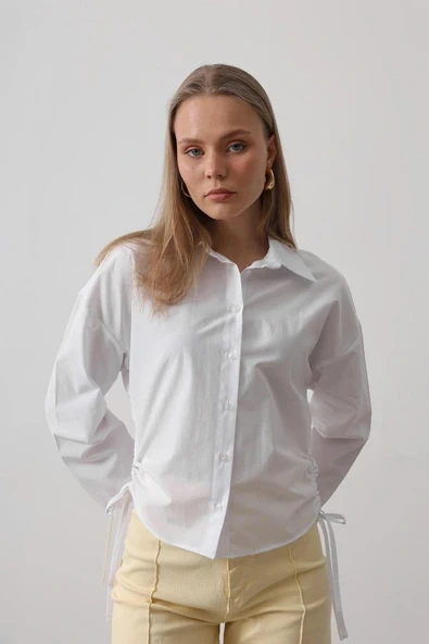 Yanları Bağlamalı Basic Gömlek  Beyaz - Resim 4