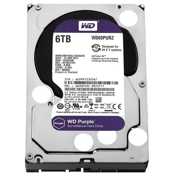 Western Digital WD60PURZ 6 TB Sata6 64Mb 7-24 Purple Harddisk ürün görseli 1