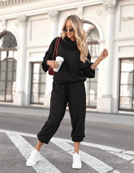 Kadın Uzun Kollu Kapşonlu Viskon Iki Iplik Bluz Ve Pantolon Ikili Takım ürün görseli