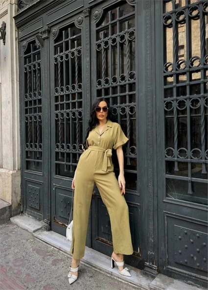 KETEN TULU BEL BAĞLAA DETAYLI  Yeşil ürün görseli