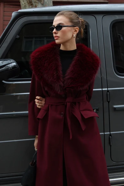 Kürk Yaka Kuşaklı Kaşe Kaban Bordo ürün görseli 1