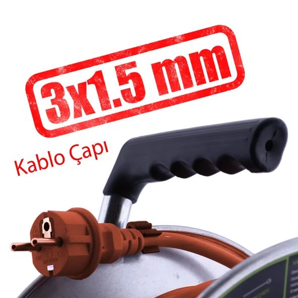 Metal Seyyar Makaralı CCA Kablo 4 Prizli Monofaze Uzatma Kablosu 3x1.5 mm TTR Kablo 35 Metre - Resim 3