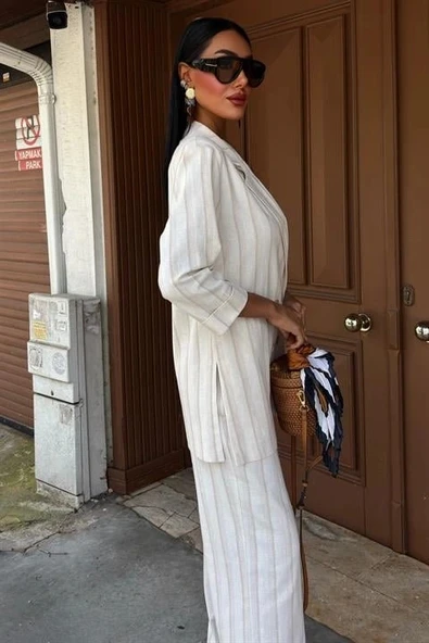 Blazer Ceketli Çizgili Keten Takım 10186 - Resim 4