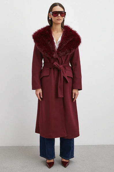 Kürk Yaka Kuşaklı Kaşe Kaban Bordo - Resim 5