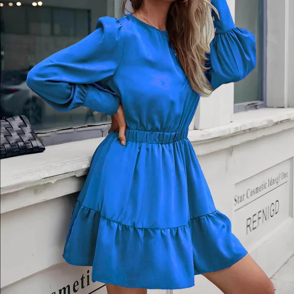 Kadın Uzun Kollu Bisiklet Yaka Beli Lastikli Fırfırlı Ithal Krep Elbise - Resim 2