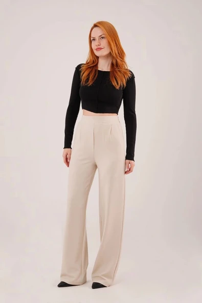 Yüksek Bel Bol Paça Krep Krem Pantolon ürün görseli 1