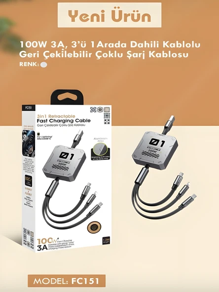 100W 3A Çoklu Hızlı Şarj Kablosu 3in1 Lightning Type-C Micro USB, 1.2M Çoklayıcı Alüminyum - Resim 9