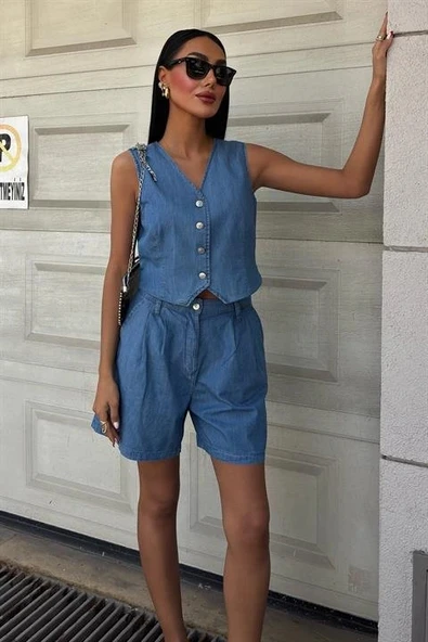 Gümüş Düğmeli Yelek Ve Şort Tensel Takım 10174 - Resim 4