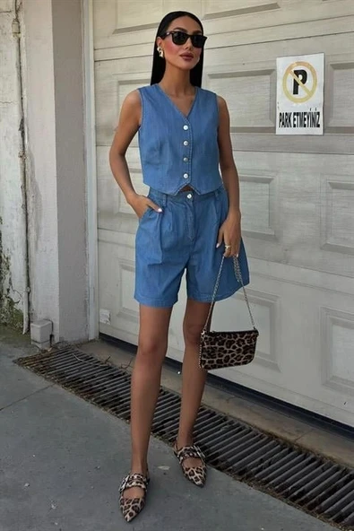 Gümüş Düğmeli Yelek Ve Şort Tensel Takım 10174 ürün görseli 1