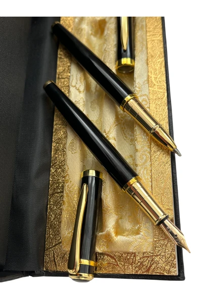 Şık Hediye Kutulu Premium Kalem Seti – Siyah Metal Gövdeli Dolma ve Roller Kalem – Altın Detaylı - Resim 3