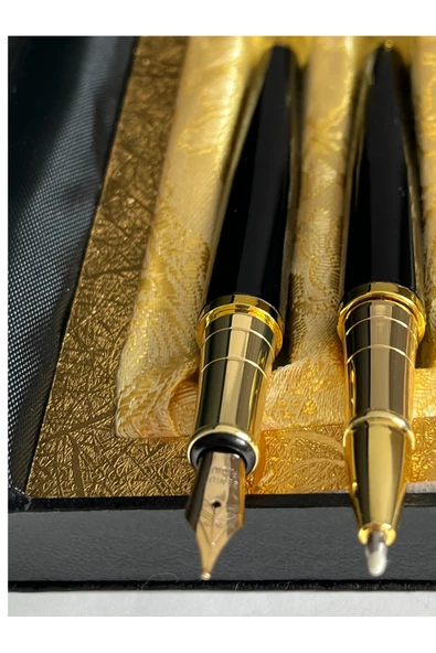 Şık Hediye Kutulu Premium Kalem Seti – Siyah Metal Gövdeli Dolma ve Roller Kalem – Altın Detaylı - Resim 8