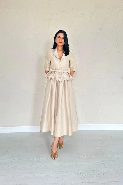 Bej İnce Kemerli Fırfırlı Ceket Ve Büzgülü Etek Takım - Resim 2