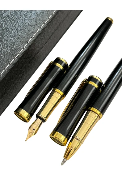 Şık Hediye Kutulu Premium Kalem Seti – Siyah Metal Gövdeli Dolma ve Roller Kalem – Altın Detaylı ürün görseli